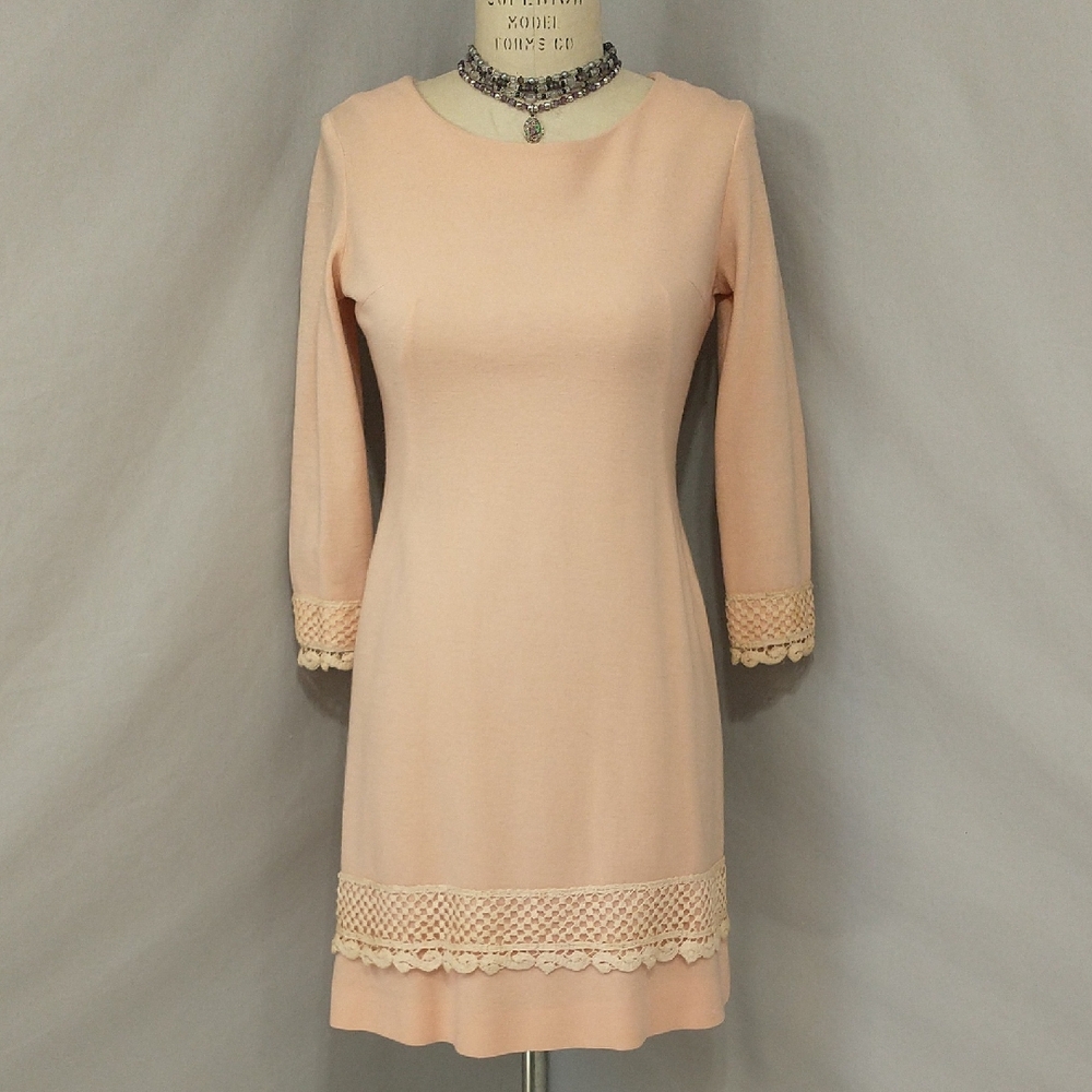 Vintage Blush Peach Wool Shift Dress Cotton Crochet Edging Betty Barclay v Sweet
